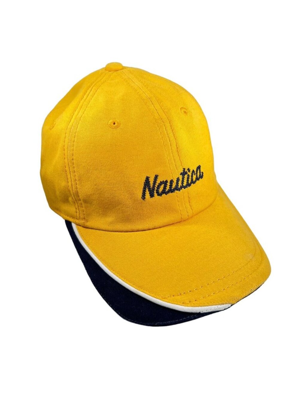 Vtg Nautica Hat Yellow Blue 6 Panel Cotton Ball Cap Strapback Piping Spell out